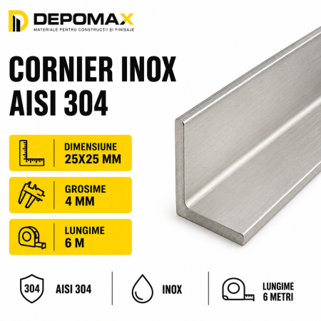 Cornier inox AISI 304, 25 x 25 x 4 mm, 6 metri